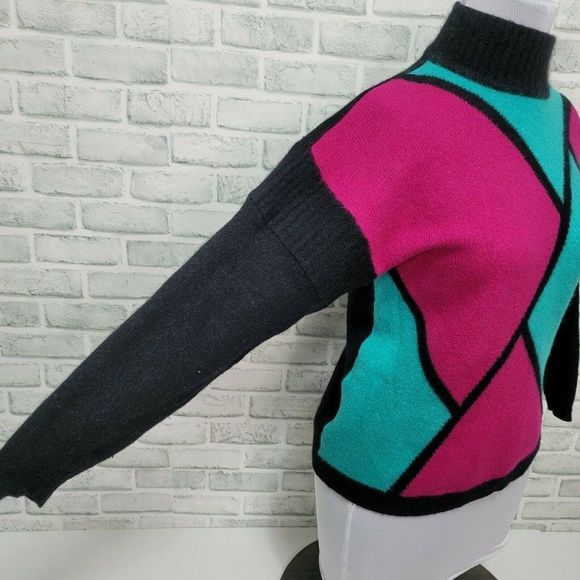 Vintage 80s Richard &‎ Co Bright Colorful Colorblock Angora Sweater Mock Neck - Picture 4 of 7